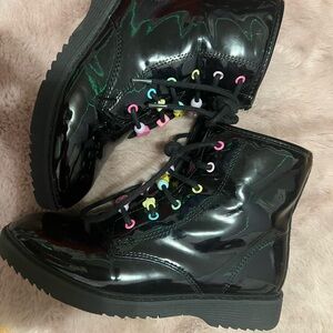 Kids Black Patent Leather Boots with Colorful Eyelets